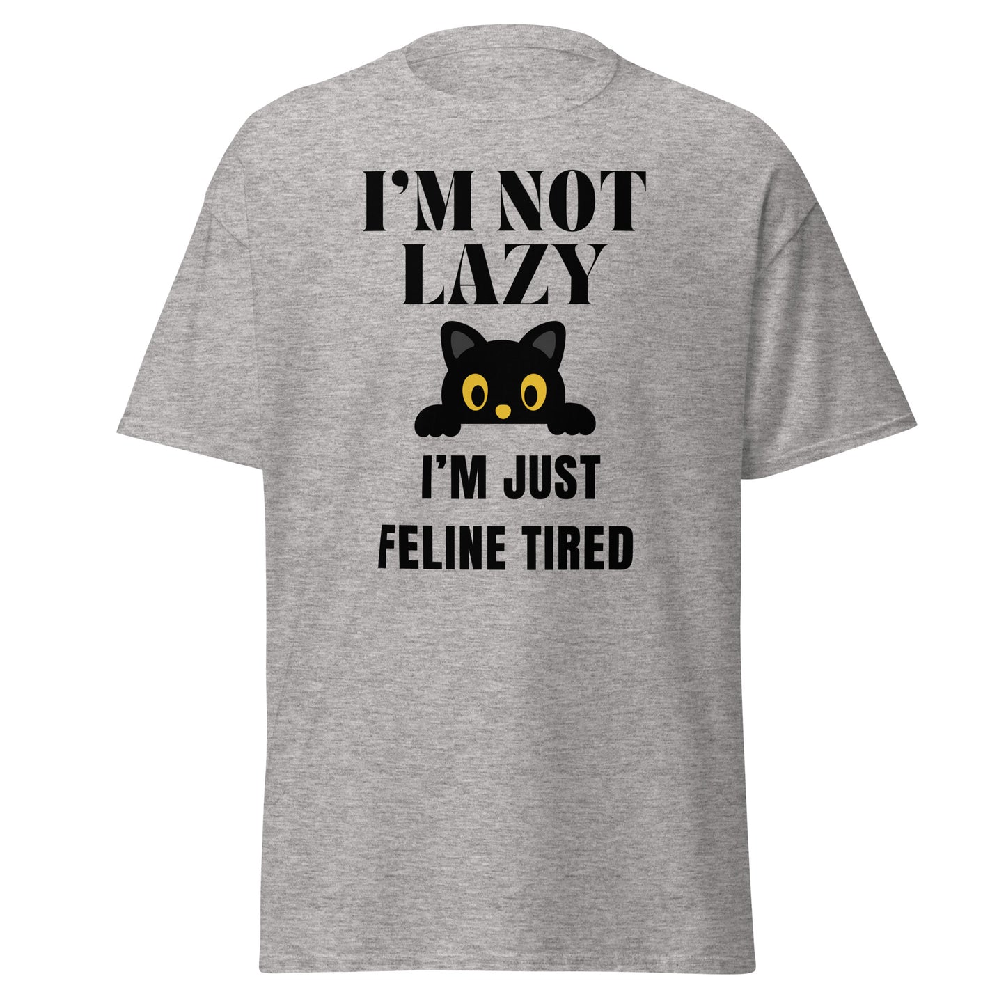 Classic fit cat-themed T-shirt in black, featuring a humorous 'Feline Tired' text design