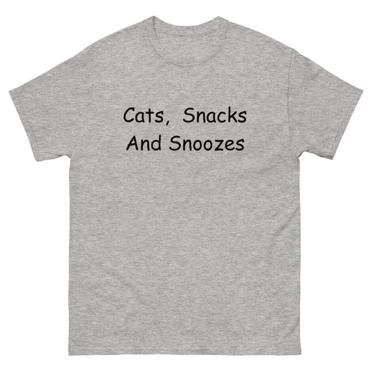 Close-up of the Cats, Snacks, and Snoozes T-Shirt showcasing its bold lettering and soft cotton fabric